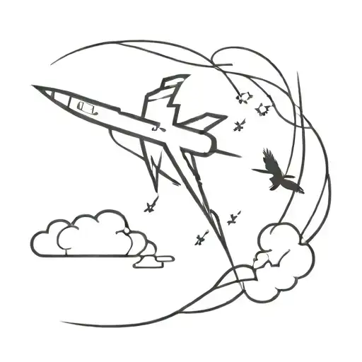 A minimalist tattoo design of a lightning bolt (Harry Potter's scar) intertwined with a plane flying through clouds, with three birds soaring above tattoo design idea