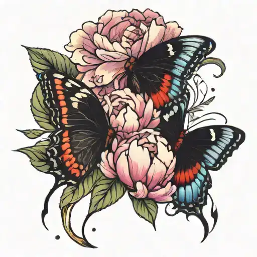 Two peonies with morphing butterfly emerging tattoo design idea