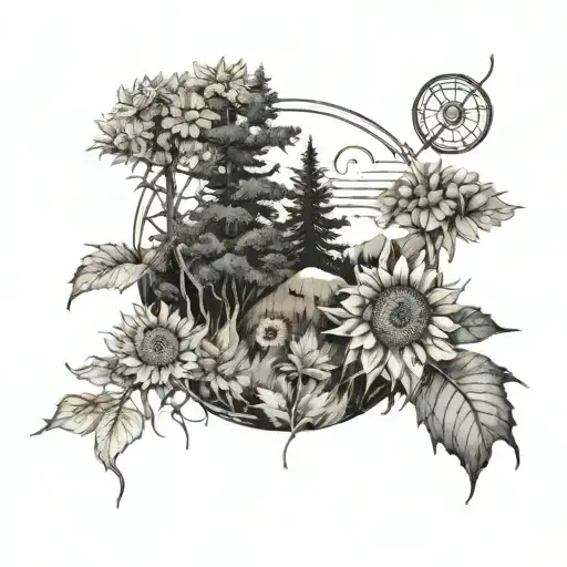 evergreen trees with sunflowers and travel symbols mixed in, in an abstract photo tattoo design idea