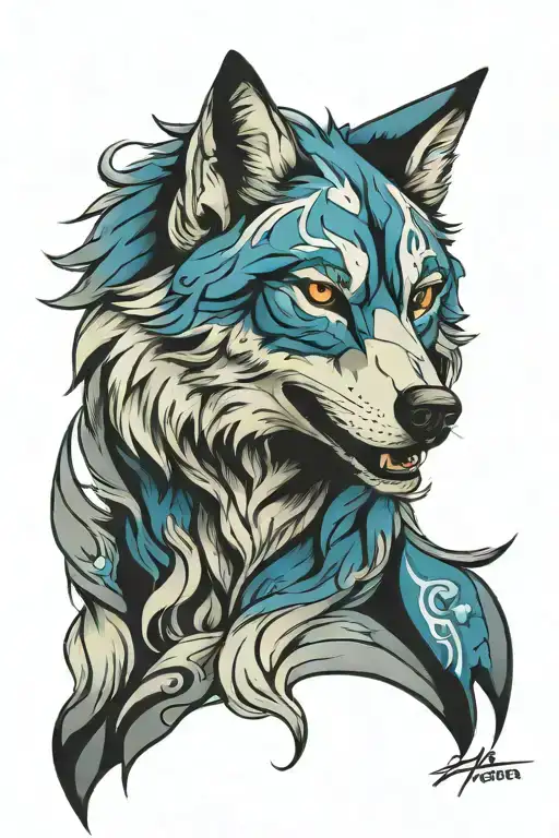 blue grey wolf face tattoo design idea