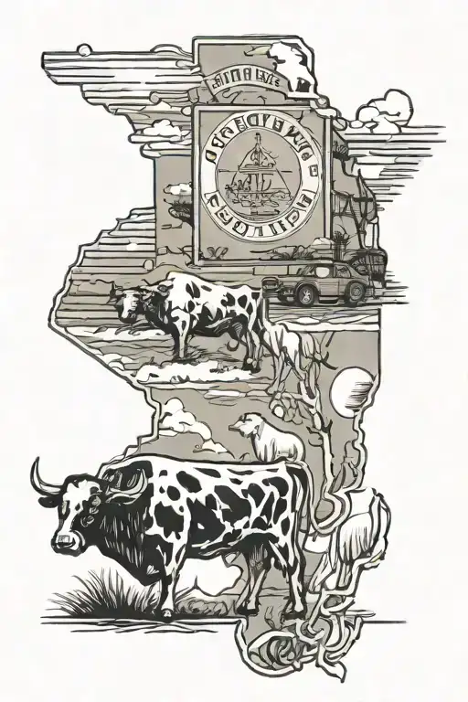 Highway 59, state of Texas, cattle, oil rigs tattoo design idea
