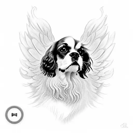 a cavalier king Charles spaniel with wings with clouds below  tattoo design idea