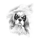 a cavalier king Charles spaniel with wings with clouds below  tattoo design idea