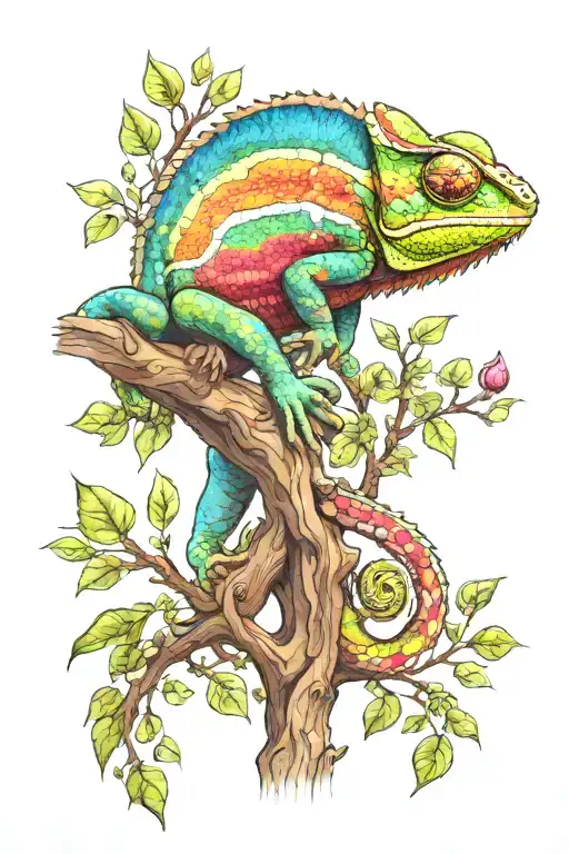 chameleon with bright multicolored psychedelic scales climbing a tree tattoo design idea