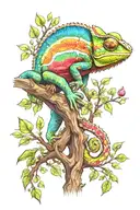 chameleon with bright multicolored psychedelic scales climbing a tree tattoo design idea
