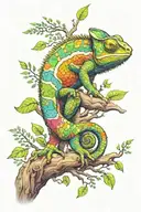 chameleon with bright multicolored psychedelic scales climbing a tree tattoo design idea
