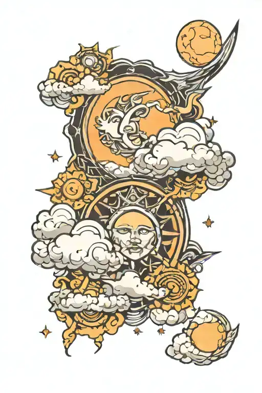 clouds, sun, and moon surrounded tattoo design idea