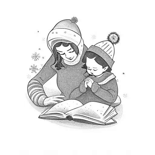 A mother and child reading together in a winter wonderland tattoo design idea