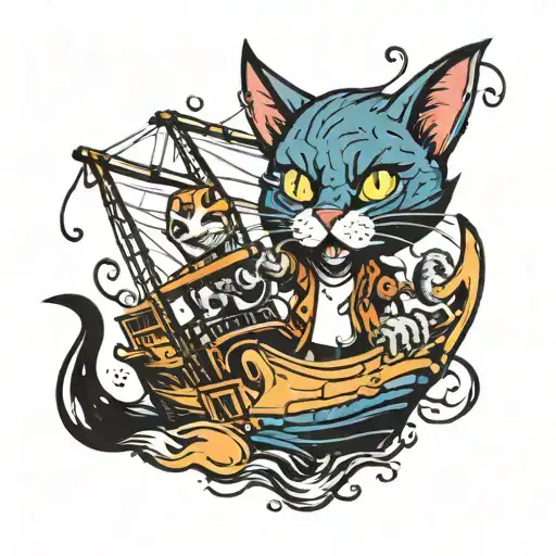 The evil cat devours the ship, acid colors tattoo design idea