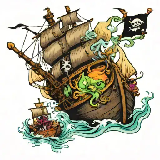 The evil cat devours the ship, acid colors,  Pirates of the Caribbean tattoo design idea