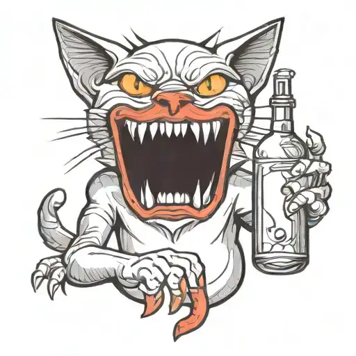 The evil devil cat holds a bottle in its paws, acid tattoo design idea