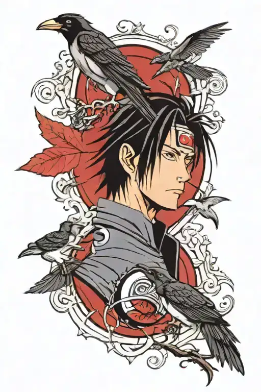 sasuke with with crows with a sharingan eye  tattoo design idea