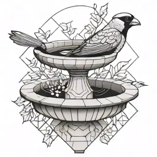 Stone bird bath with a cardinal on the lip tattoo design idea