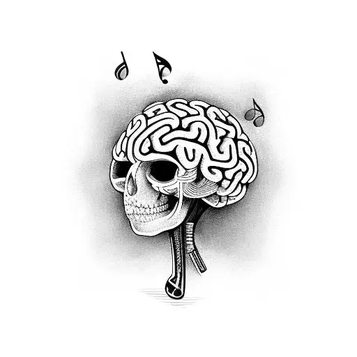 A brain with musical notes and crochet stitches intertwining tattoo design idea