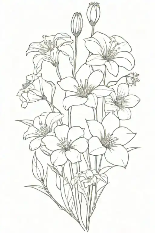 bouqet of flowers with 2 morning glory, 3 daffodil, 1 poppy, and 1 cosmos, connected at the bottom tattoo design idea