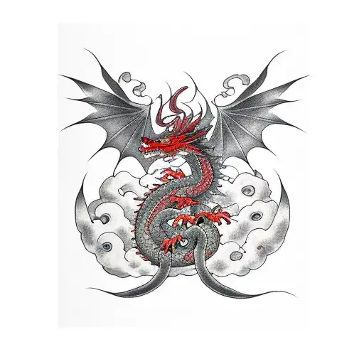 Dragon with thunderbolts and dark clouds tattoo design idea
