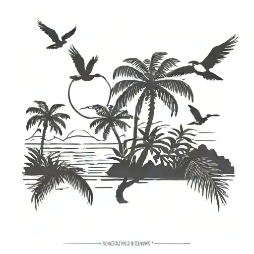 palm tree river sun birds flying tattoo design idea