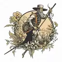 Don Quixote surrounded by nature elements tattoo design idea