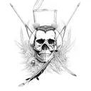 skull faced Native american hunting with bow and arrow in a field of weed farm, Malabar thrush flying above tattoo design idea