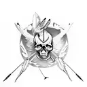 skull faced Native american hunting with bow and arrow in a field of weed farm, Malabar thrush flying above tattoo design idea