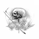 skull faced Native american hunting with bow and arrow in a field of weed farm, Malabar thrush flying above tattoo design idea