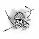 skull faced Native american hunting with bow and arrow in a field of weed farm, Malabar thrush flying above tattoo design idea