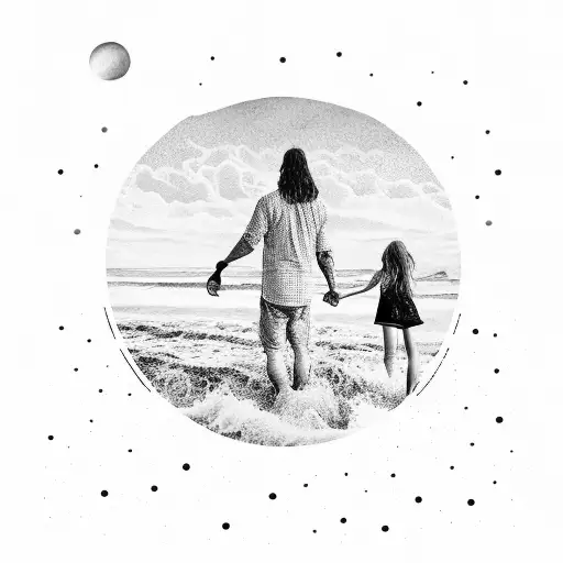 Dad with 6 year old daughter, 18month old son and 18 month old daughter. Walking on the beach. Waves in distance and sun tattoo design idea