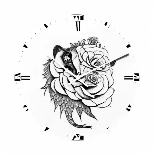 lion roses clock peacock feather tattoo design idea