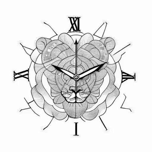 lion roses clock peacock feather ahana  tattoo design idea