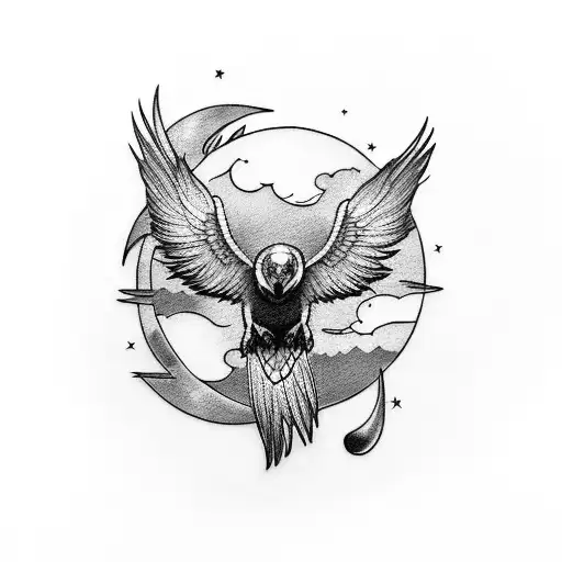 raven and wolf separate, in front of crescent moon tattoo design idea