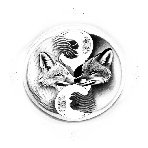 Yin-yang symbol formed by two foxes in a dreamy, ethereal style with soft shading tattoo design idea