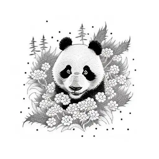 A dotwork tattoo showcasing a panda surrounded by California poppies and waves tattoo design idea