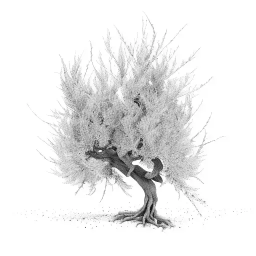 olive tree with heather, goddess irene at dawn on mountain tattoo design idea