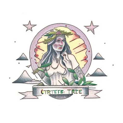 olive tree with heather, goddess irene at dawn on mountain tattoo design idea