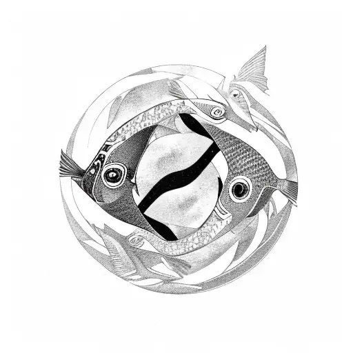 A yingyang symbol with a fish and eagle intertwined in a dynamic composition tattoo design idea