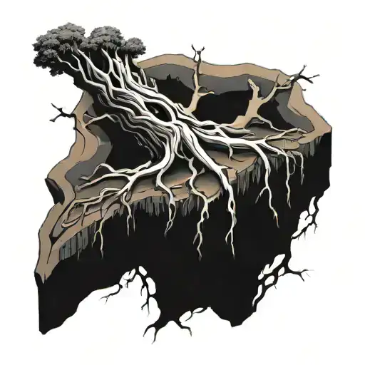 A diamond drill bit morphing into a tree trunk with roots spreading out tattoo design idea