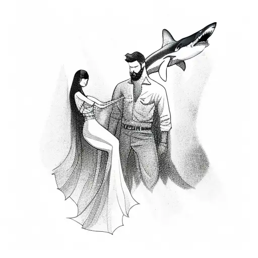 A sensual woman guiding the man's hand to her face, and abstract lines form the outline of the man wearing a shark logo  tattoo design idea