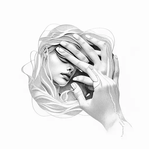 Imagine an abstract representation where flowing lines depict the woman's hands guiding the man's hand to her face, and  tattoo design idea