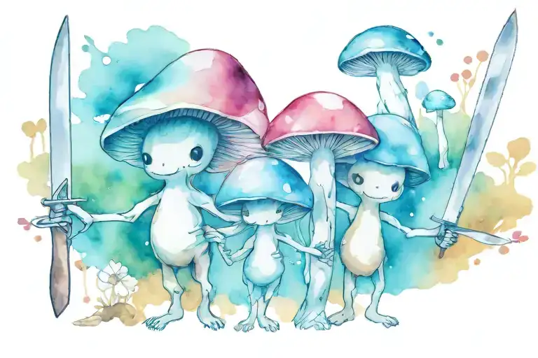 cute mushroom people holding kitchen knifes   tattoo design idea