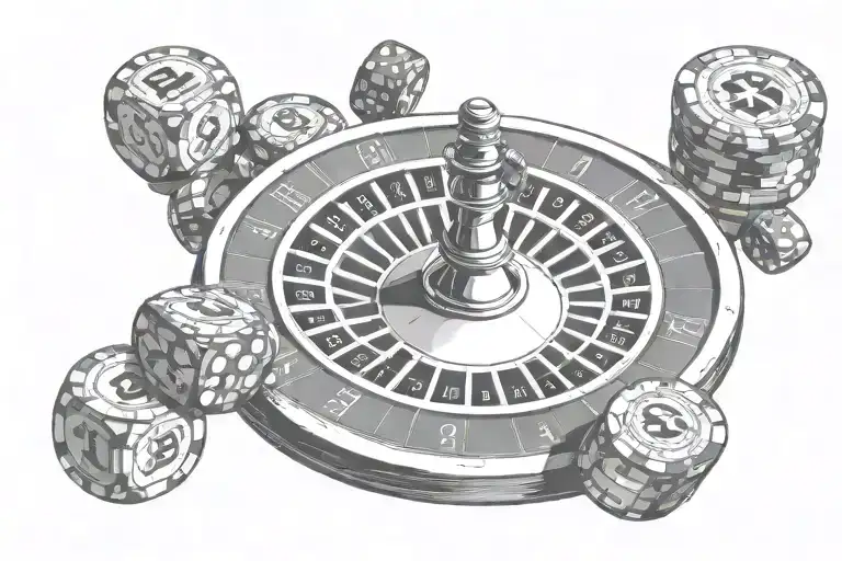 roulette wheel with ball in number 13 with casino chips and dice tattoo design idea