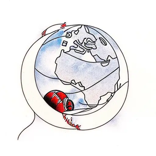 moon tied to a globe by a red thread tattoo design idea