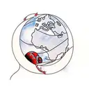 moon tied to a globe by a red thread tattoo design idea