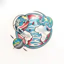 moon tied to a globe by a red thread tattoo design idea