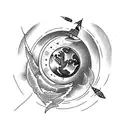 moon tied to a globe by a red thread tattoo design idea