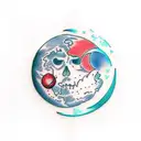 moon tied to a globe by a red thread tattoo design idea