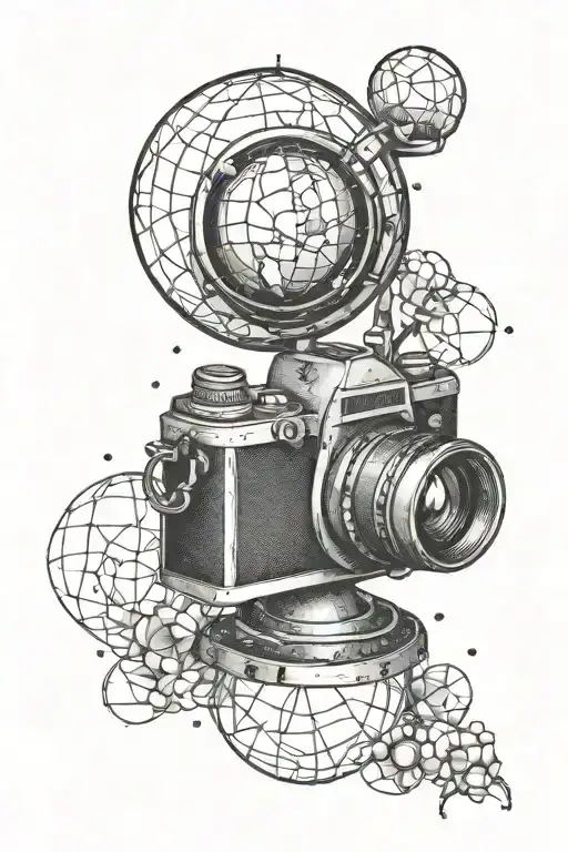 photo camera and geo globe tattoo design idea