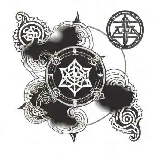 Alchemy symbols intertwined with Buddhist imagery tattoo design idea