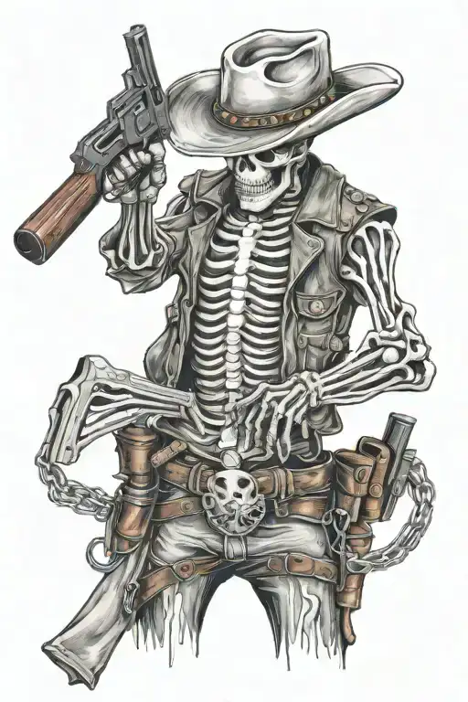 Cowboy skeleton holding a gun belt and holsters tattoo design idea