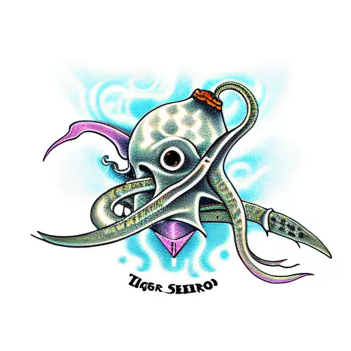 dagger wrapped by a squid surrounded by sweet pea flowers tattoo design idea