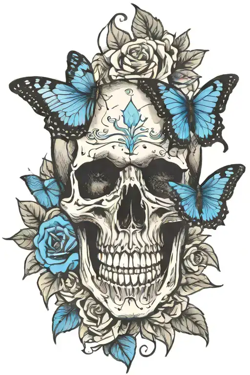skull and Blue Morpho butterfly tattoo design idea